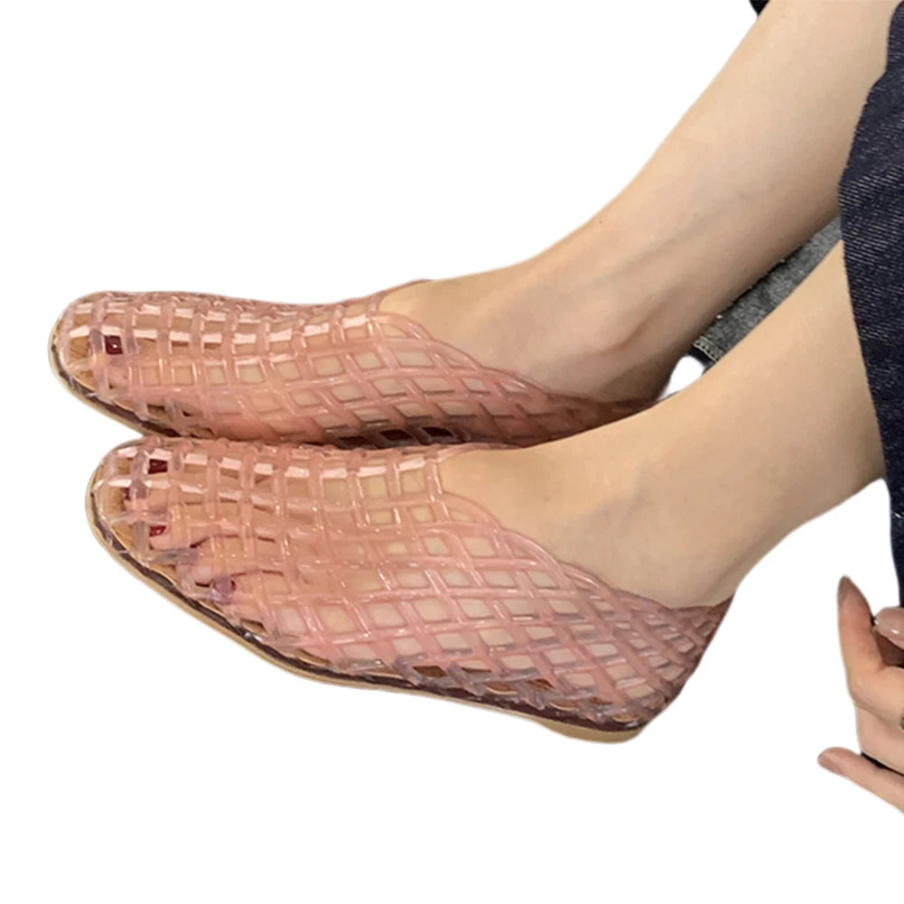 Women Jelly Flats Mesh Ballet Flats Square Toe Fashion Slip On Flat Sandals Lightweight Casual Shoes for Summer Beach