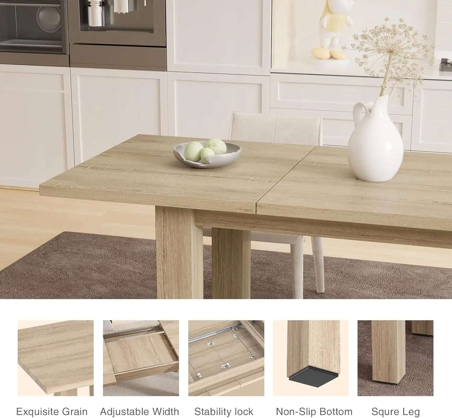 Vabches Extendable Dining Table for 6-8 Seater Wooden Kitchen Table Modern Rectangle Dinner Table Space Saver for Dining Room