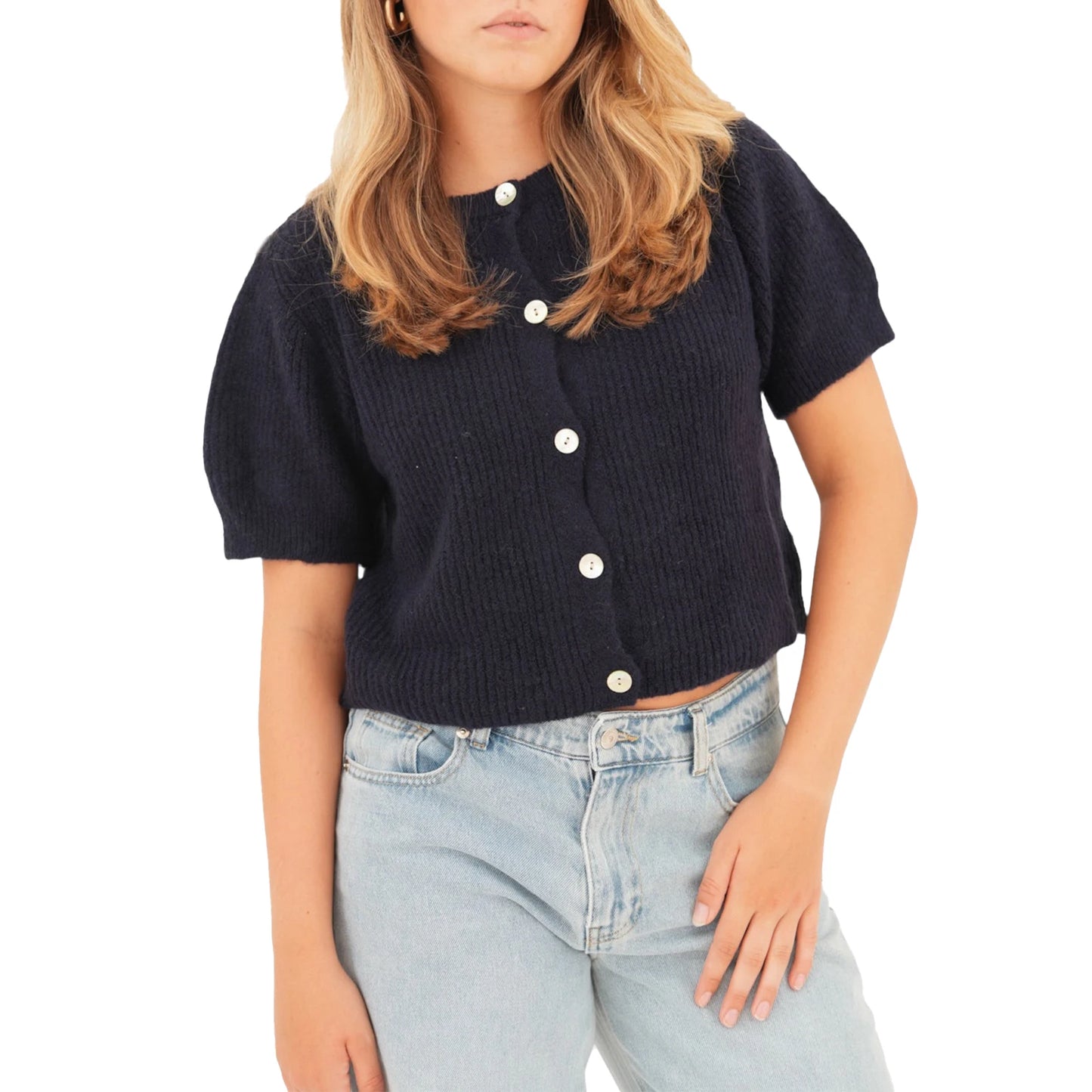 Women s V-Neck Button Down Knit Cardigan Sweater Solid Color Ribbed Loose Fit Short Sleeve Cropped Pullover Top