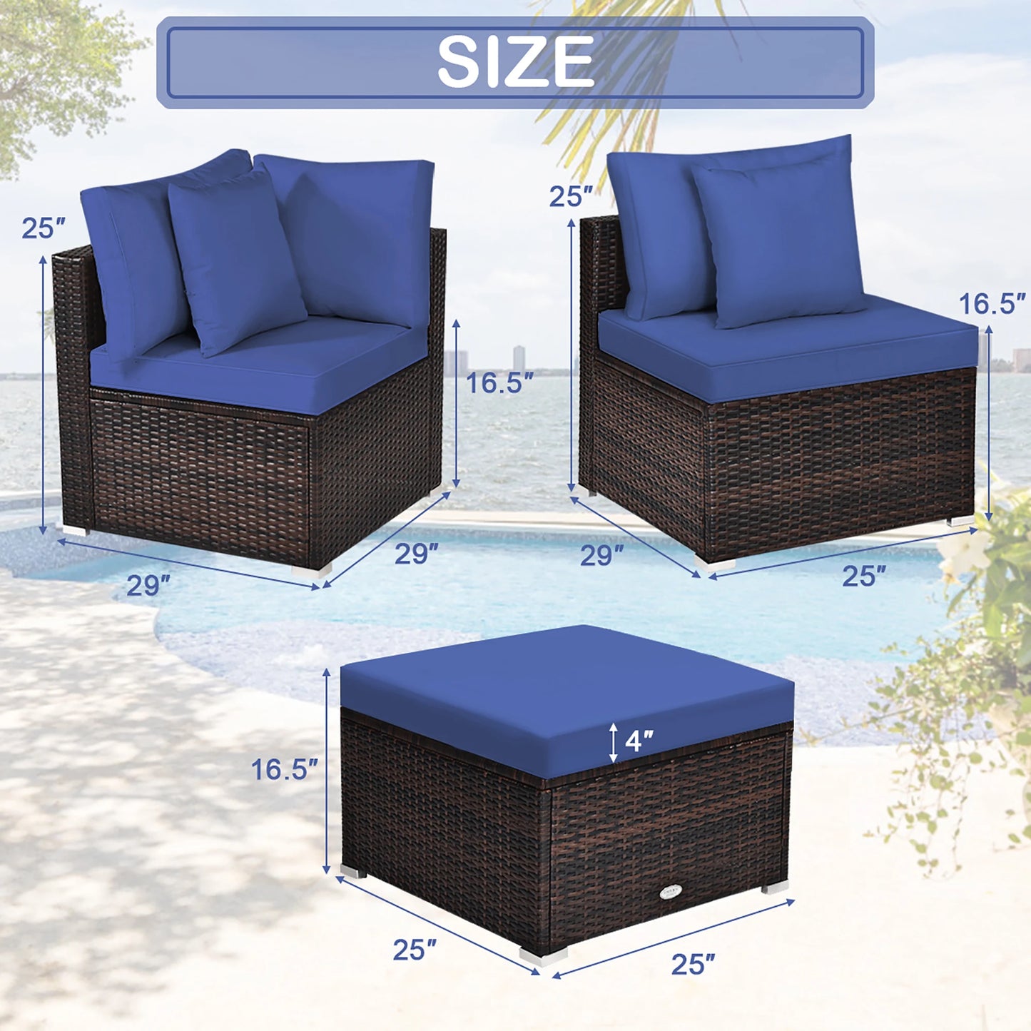 4PCS Patio Rattan Furniture Set Sofa Ottoman Cushion Garden Deck Navy