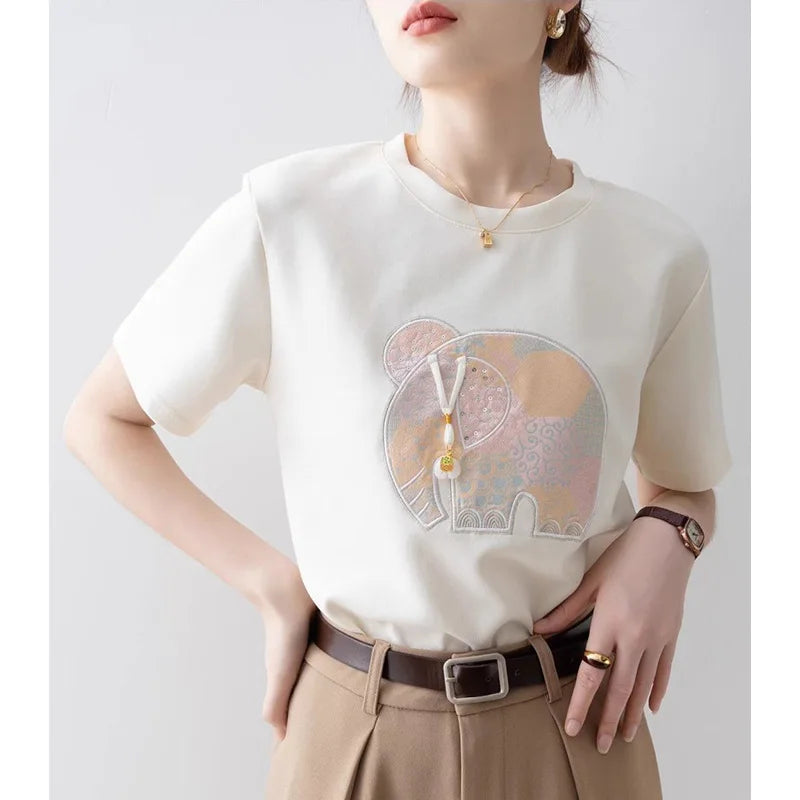 Women Clothing Fashion Cartoon Embroidery Pure Cotton T-Shirt Summer Vintage Loose O-neck Elegant Short Sleeve Tops