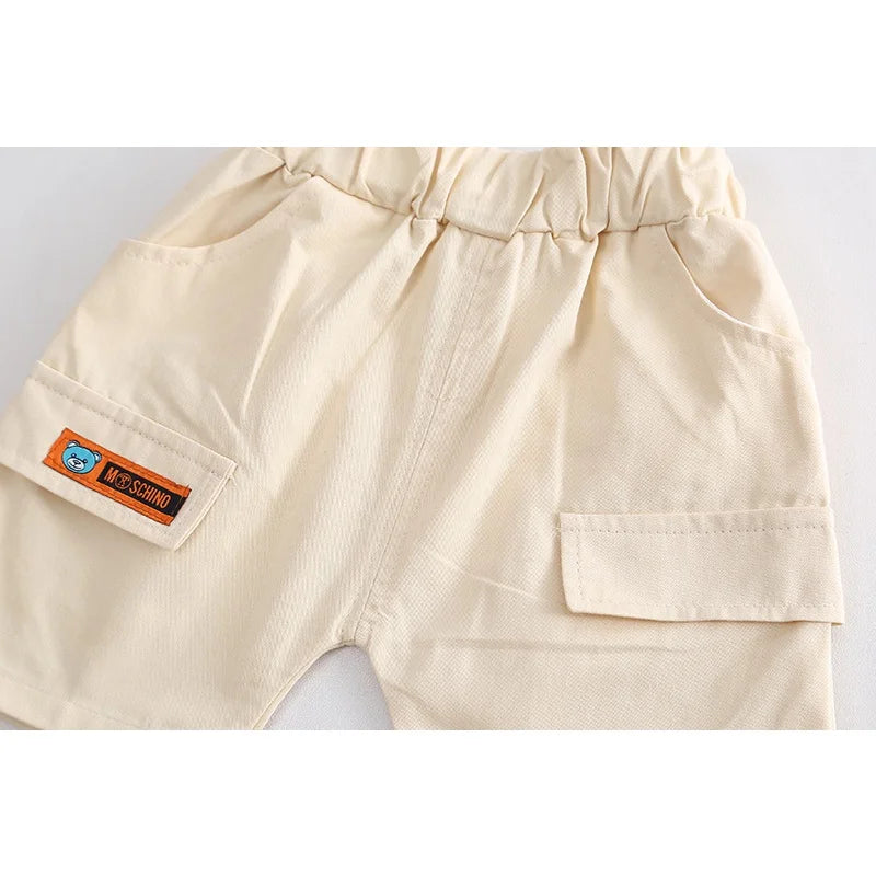 New Summer Baby Boy Clothes Set Toddler Boys Striped Cartoon 2-Piece Outfit with Cargo Shorts Casual Infant Children's Clothing
