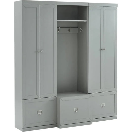 Harper 3-Piece Hall Tree and Storage Cabinet Set with Entryway Bench and Hooks for Hanging, Gray
