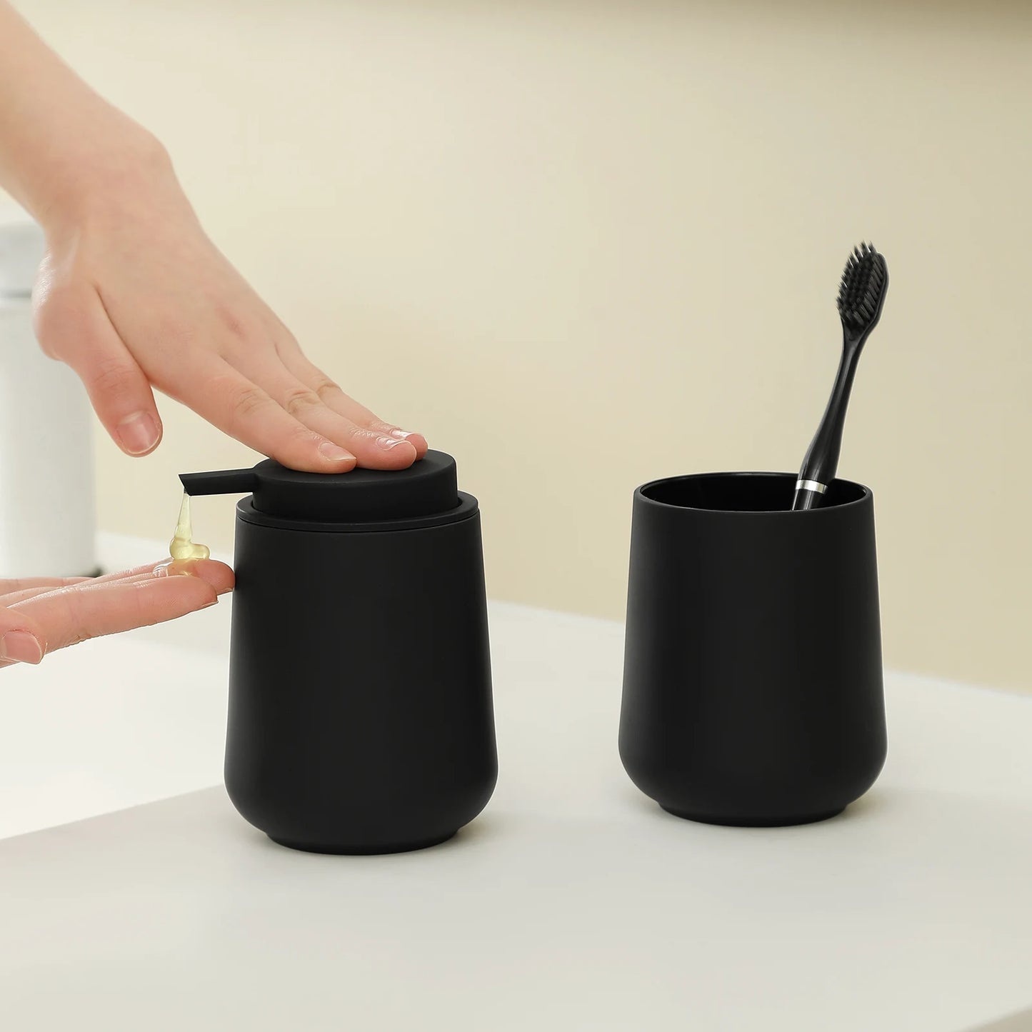 Bathroom Accessory Set - 2-Piece Soap Dispenser and Cup for Bathroom Vanity Decor in Matte Black