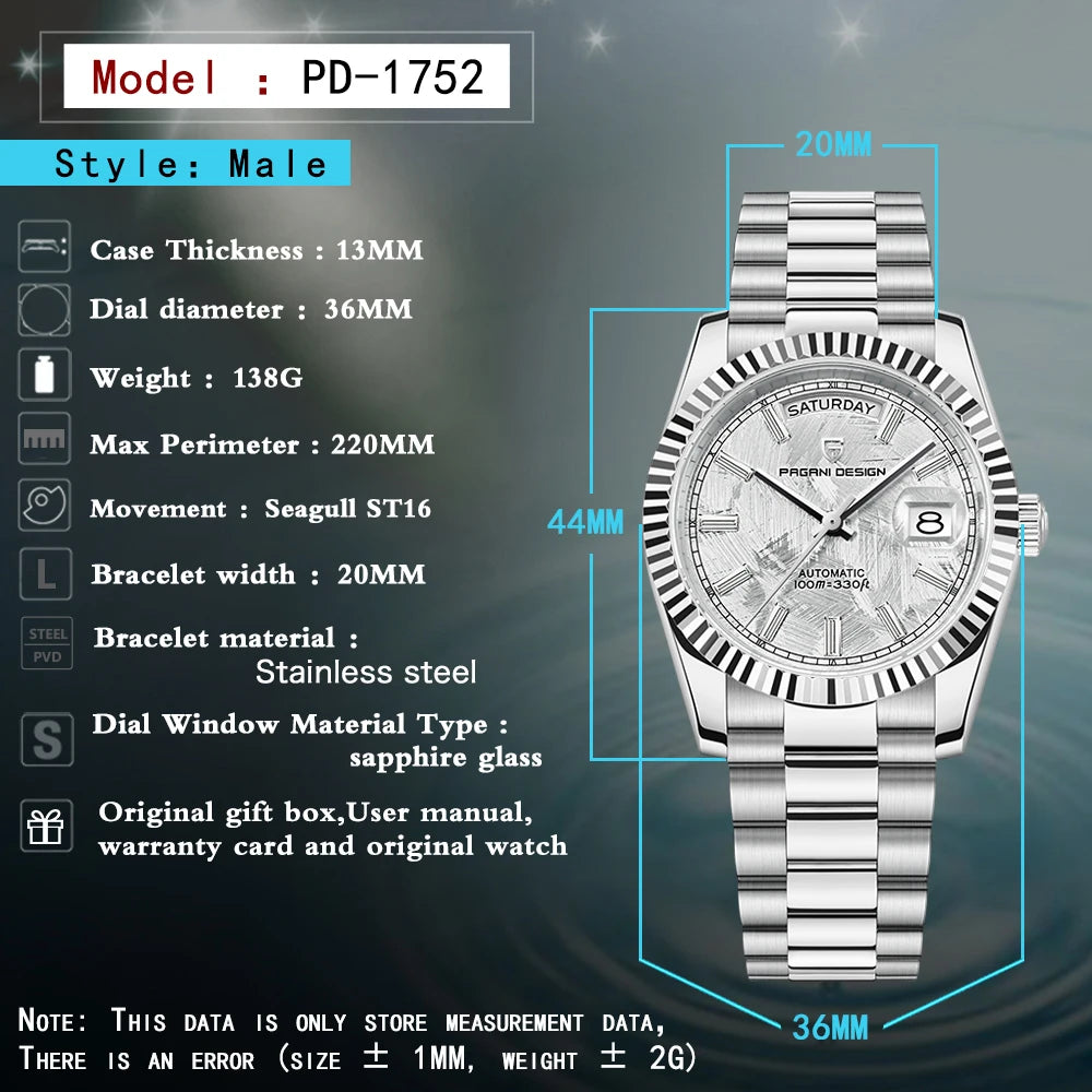 PAGANI DESIGN 2025 New DD36 automatic mechanical men watch Double calendar 36MM Watch For Men sapphire luxury waterproof Watches