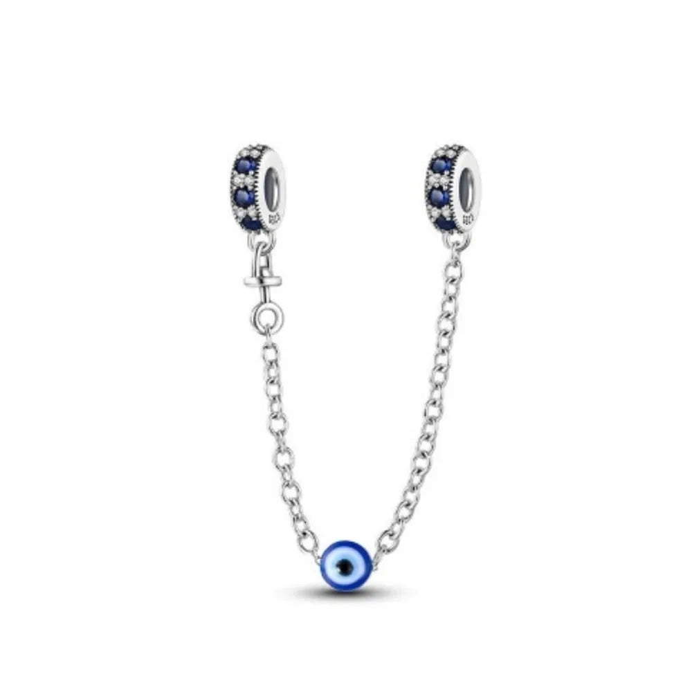 New 925 Silver Horseshoe Clover Star Cat Charm True eyes Pendant Safety Chain Bead Fit Original Bracelet Jewellery Gift dragon