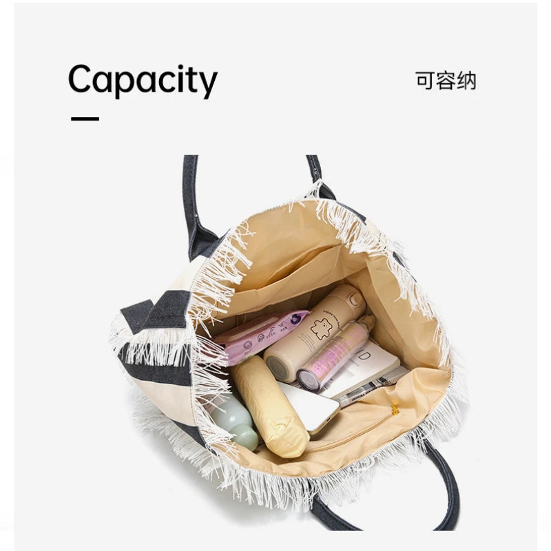 Tassel Tote Bag Handbags Womens Bags for Women Canvas Bag Large Capacity Leisure Travel Striped Grid Handmade Tassel Handbag
