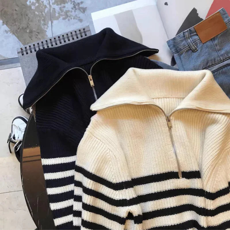 Women's Turtleneck Loose Lapel Striped Knitwear sweater Women Pulovers New Simplicity Half Zipper Casual Women's sweatshirt 2025
