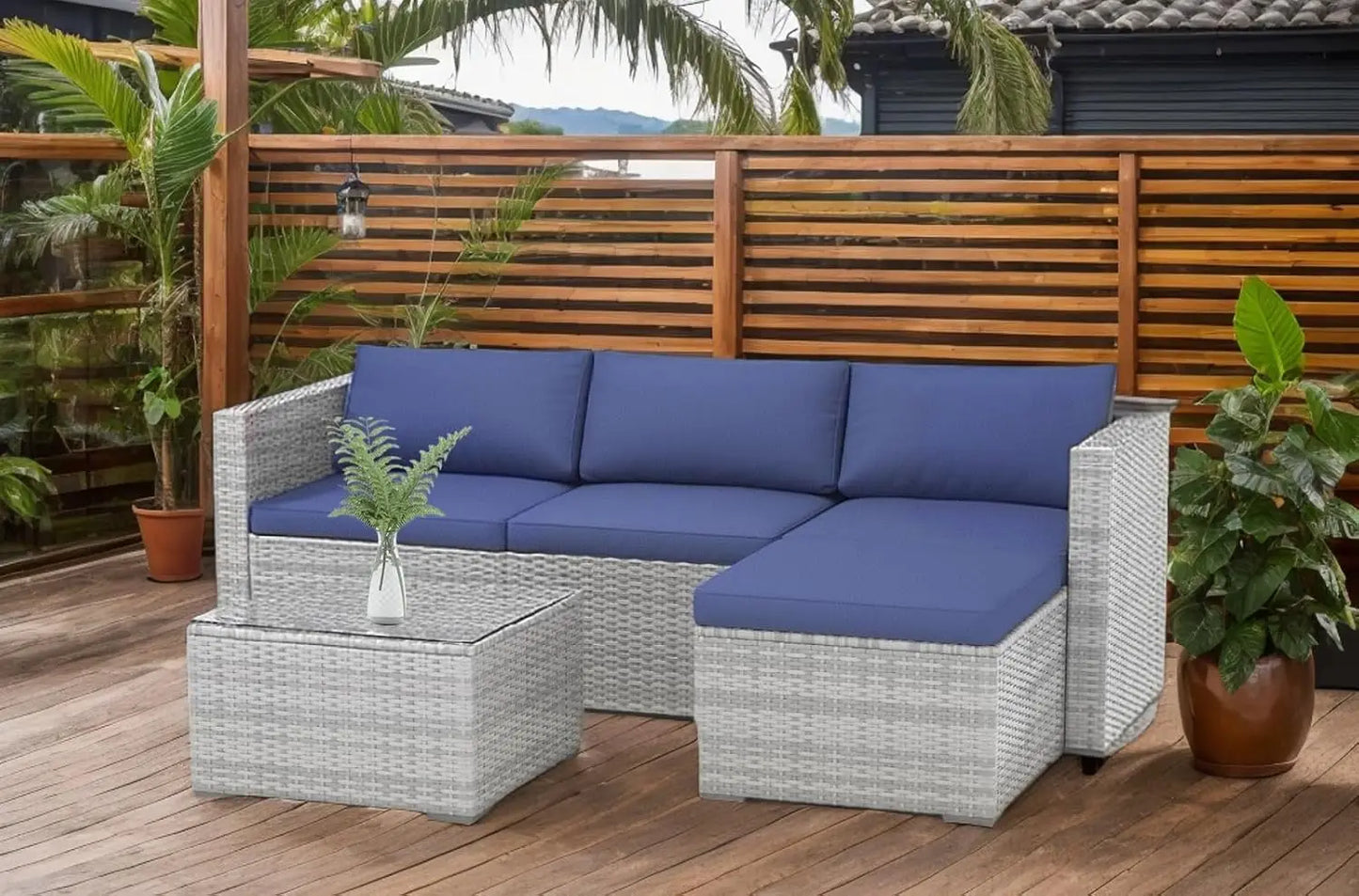 5-Piece Outdoor PE Wicker Patio Furniture Set, Water-Resistant Sectional Sofa With Plush Cushions, Tempered Glass Coffee Table &