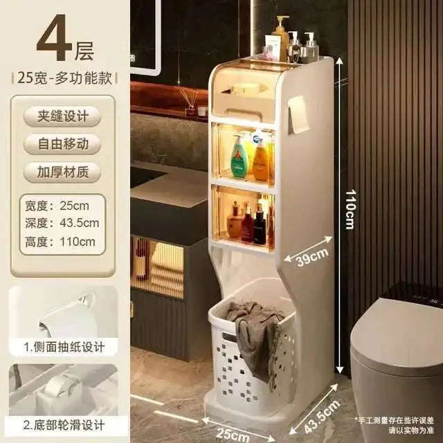 Bathroom Gap Storage Cabinet Toilet Movable Storage Rack with Drawer Bathroom cabinet Floor Shelve with Dirty Clothes Basket Z
