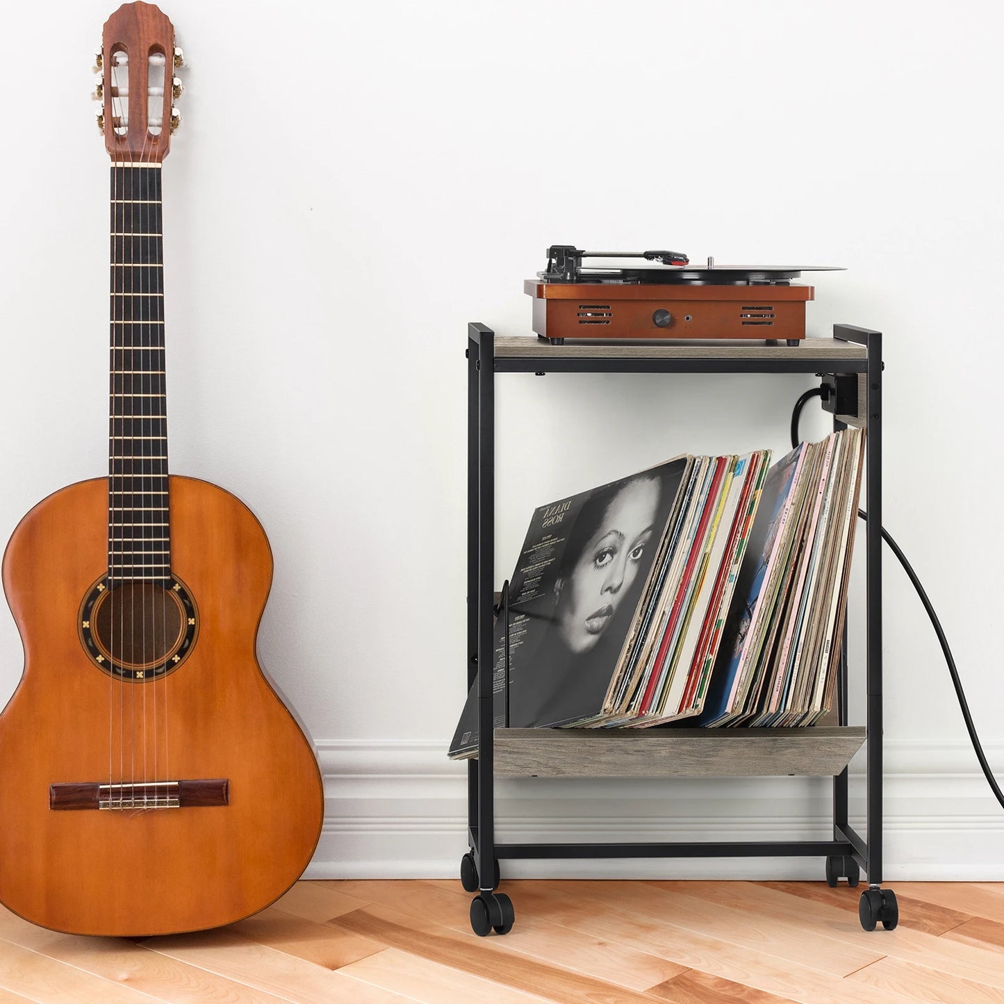 Record Player Stand with Vinyl Storage Side Table, 2 Tier with Charging Station Record Player Table for Living Room Bedroom