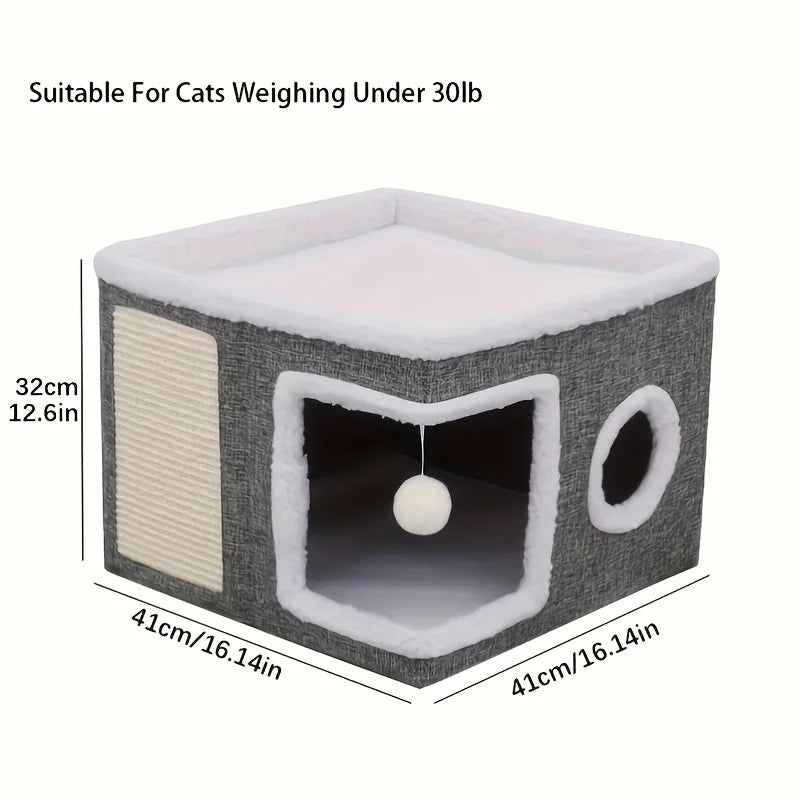 Luxury Cat Tree Bed with Scratching Post - Dual-Level 4-Season Pet Furniture, Organic Bamboo Base & Orthopedic Cushion