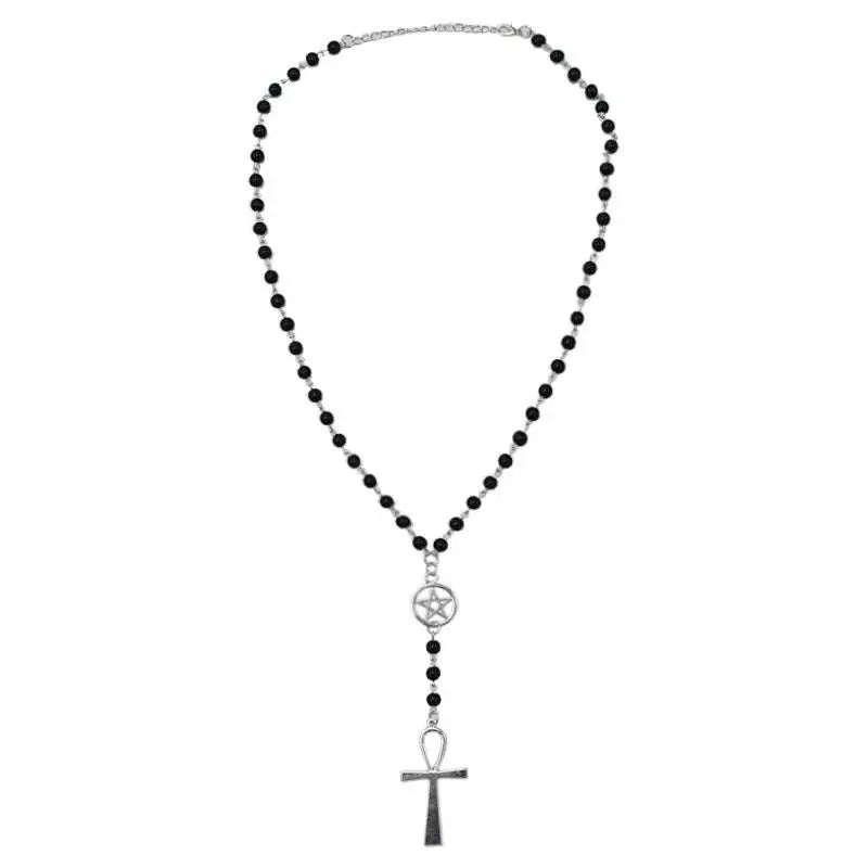 Ankh and Pentagram Rosary Necklace , Wicca, Pagan Rosary Black Beads Charm Jewelry for Women Gift Fashion Simple Jewellery