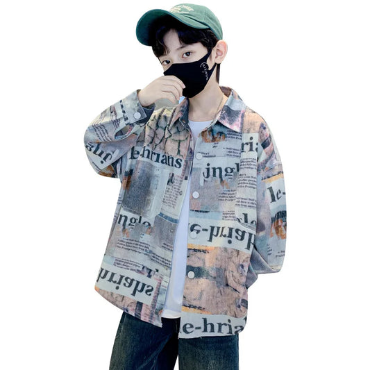 New Fashion Baby Boy Clothes with Newspaper Print Shirt For Kids Boy Autumn Newspaper Print Clothing Age 5 6 7 8 9 10 11 12 14Y