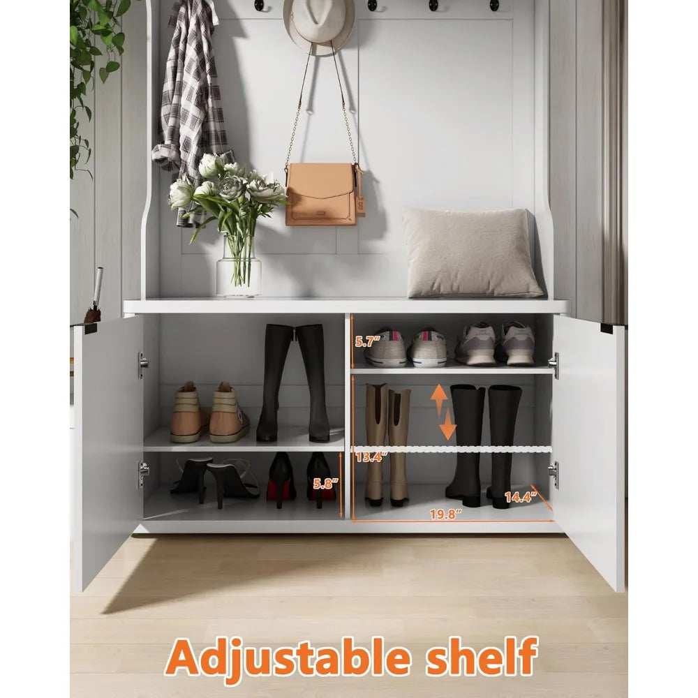 Tree with Bench and Shoe Storage,Morden Fluted Entryway Coat Rack with Shoe Bench Cabinet, Entryway Furniture