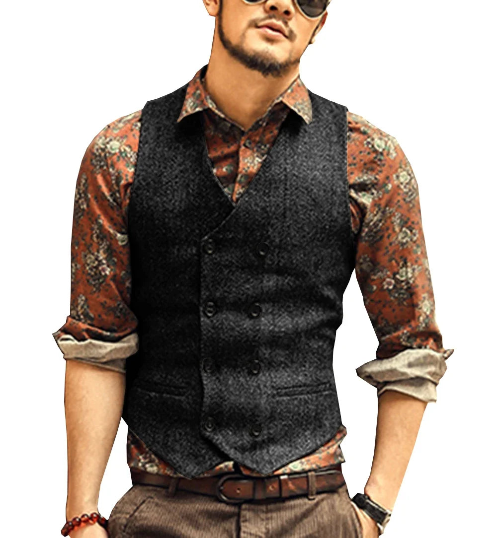 Men Vests Suit Vest Tweed Man Waistcoat Brown Black Groomman Wedding Clothing Jacket Victorian Style Steampunk BusinessA