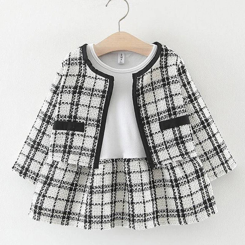 Baby Girl Clothes Set Kid Dress+Coat 2Pcs Girl Suit Fashion Plaid Baby Costume Wedding Party Toddler Outfit Princess Dress A897