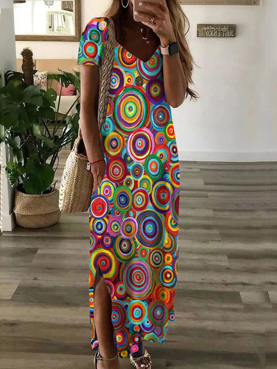 Women's Clothing Short Sleeved Dress V Neck Lower Fork Swing