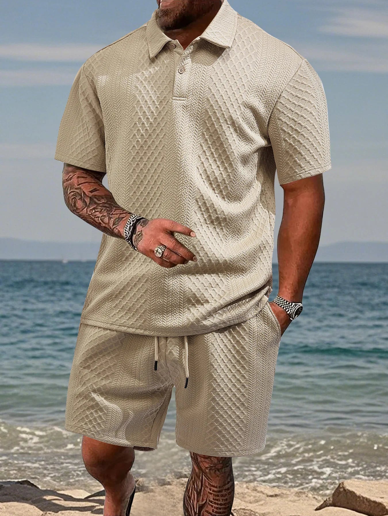 Cross-Border Men's Clothing Summer European and American New Jacquard Cloth Men's Casual Sports Thin Lapel Polo Shirt Short-Sleeved Suit Fabric Breathable and Comfortable Perfect for Daily Wear