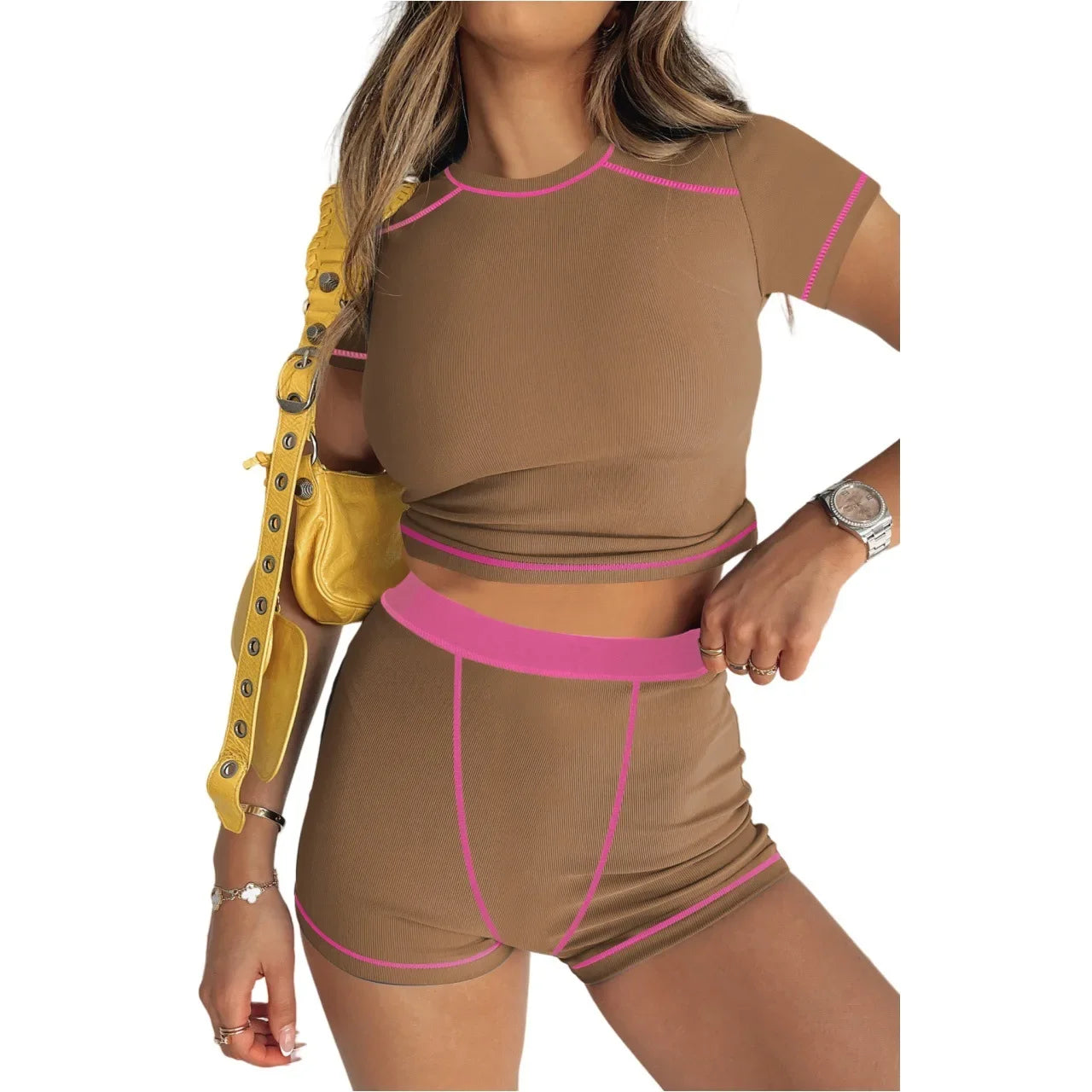Custom LOGO women's clothing summer Europe and the United States new fashion casual thread contrast two-piece women's clothing
