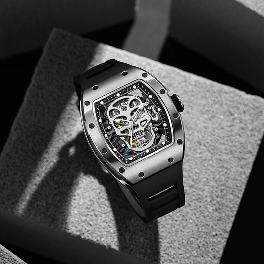 Fashionable Automatic Movement Mechanical Watch for Men Hollow Design High Quality Waterproof Mens Stylish Tonneau Rel