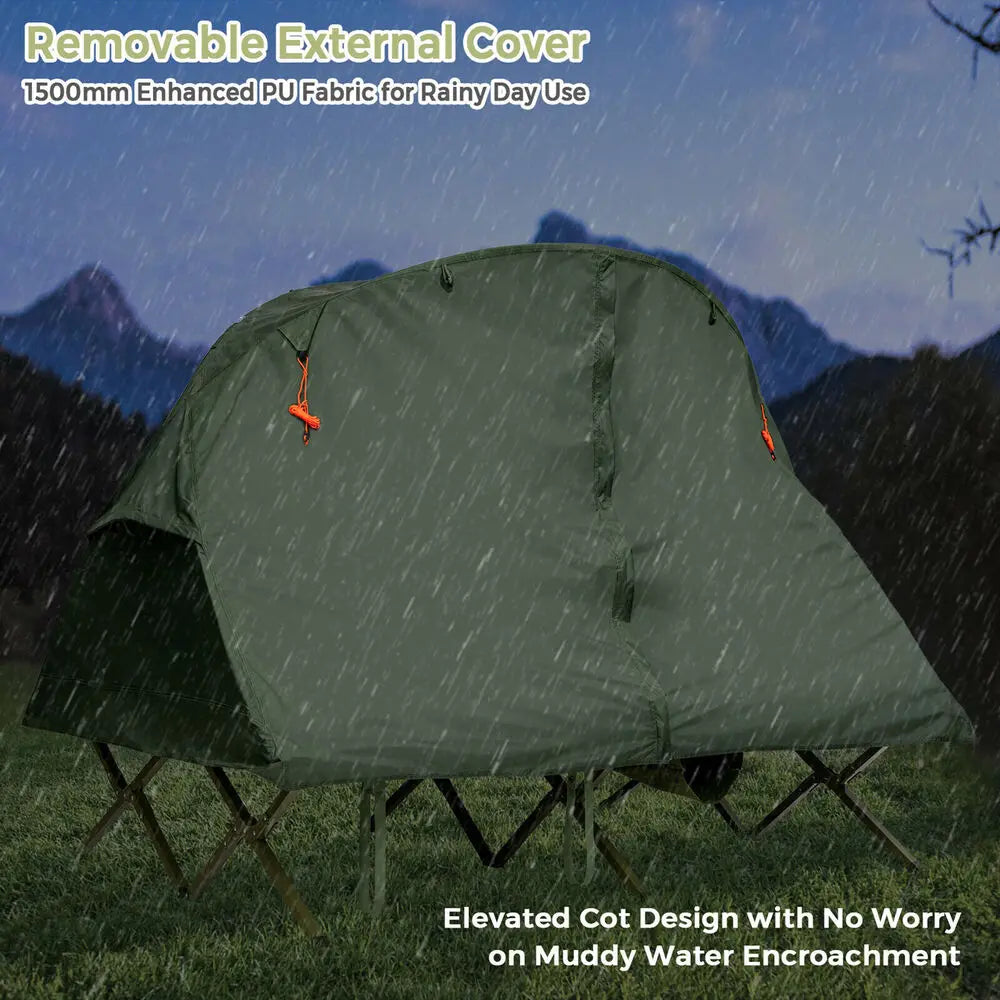 2-Person Outdoor Camping Tent Cot Compact Elevated Tent Set W/ External Cover