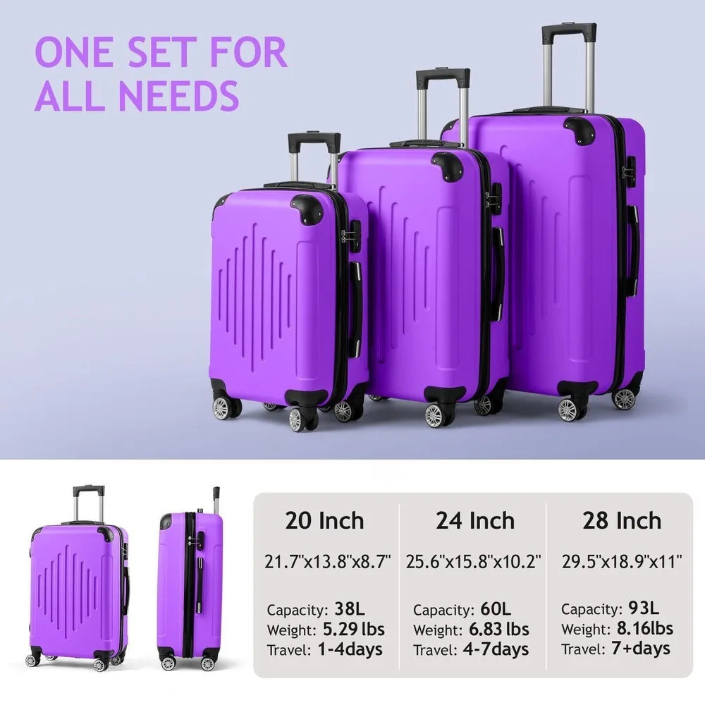20" 24" 28" Suitcase PC ABS TSA Luggage 3 Piece Set Lock Spinner Carry on