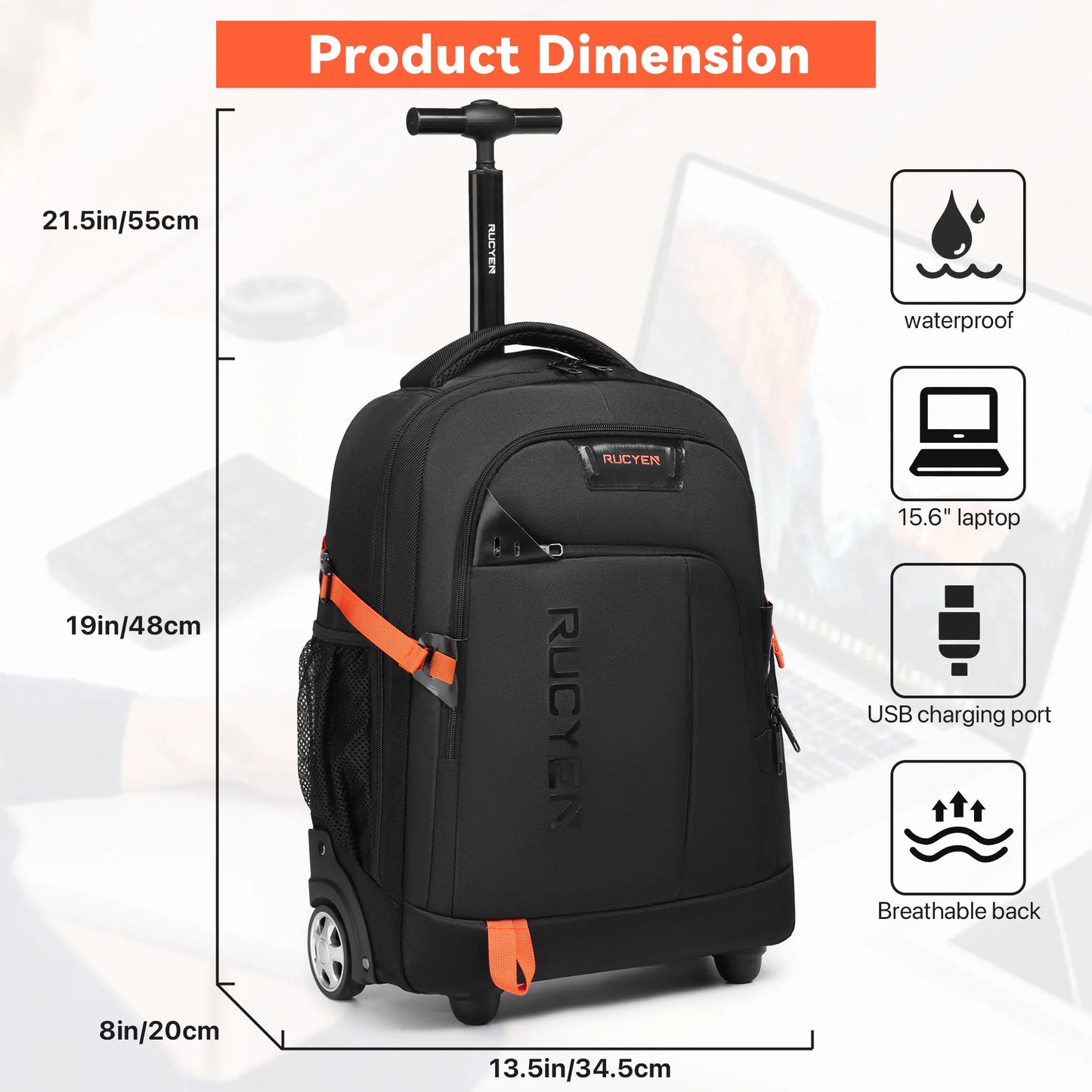 Rolling Backpack 18 inch Laptop Travel Backpack with Wheels Hidden Pull Rod Waterproof Carry On Luggage for Business Travel