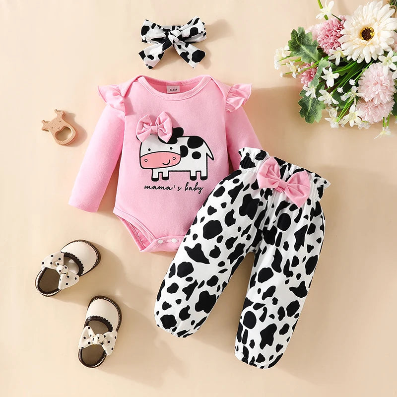 0-18 Months Newborn Baby Girl Clothes Outfits Cute Cow Letter Tops Long Sleeve Bodysuits Elastic Waist Trousers with Hairband