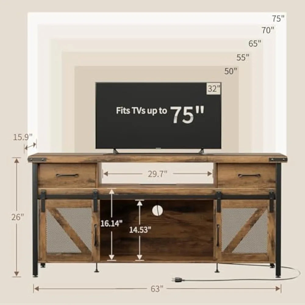 TV Stand for 75 Inch TV,Entertainment Center with Power Strip & Storage,2 Drawers & Sliding Barn Doors - Industrial Rustic