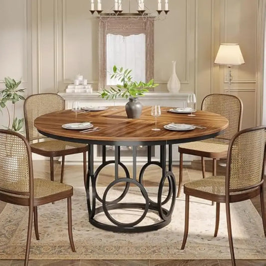 Round Dining Table, Wood Kitchen Table with Sturdy Metal Base, Large Circle Dinner Table for Dining Room, Kitchen, Living Room