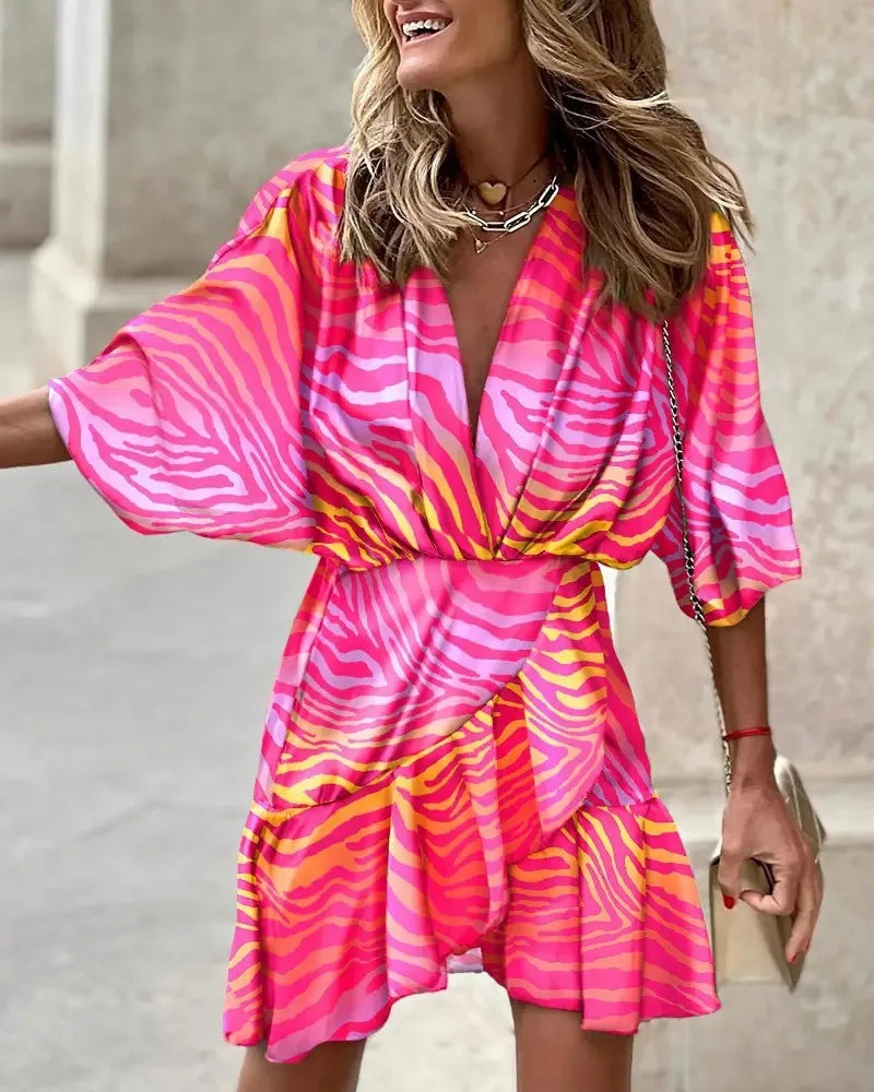 Spring Summer Women's Clothing New Sexy V-neck Fashionable Seven Inch Bat Sleeve Irregular Hem Dress Women's Clothing