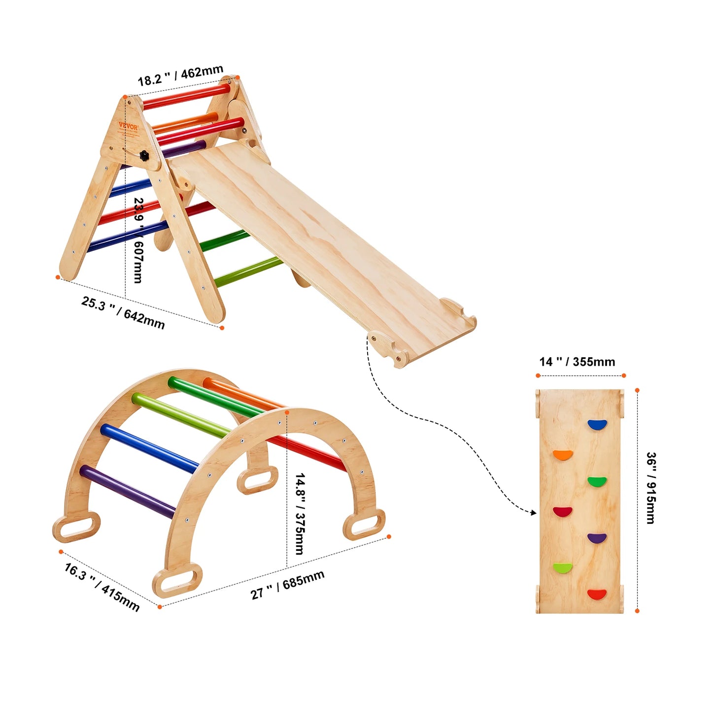 SucceBuy Pikler Triangle Set 5 in 1Toddler Climbing Toys Indoor Playground for Toddlers 1-3 Years Large Size Wooden Climbing Set