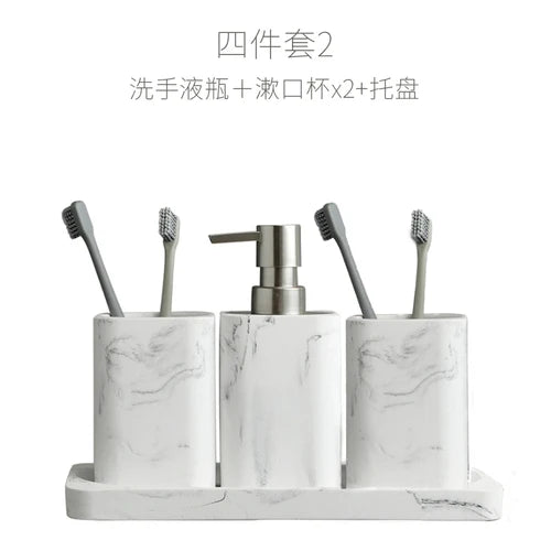 Bathroom Four Piece Set Resin Marble Bathroom Set Wash Sets Lotion Bottle Mouthwash Cup Cotton Swab Box Tray Soap Dispenser