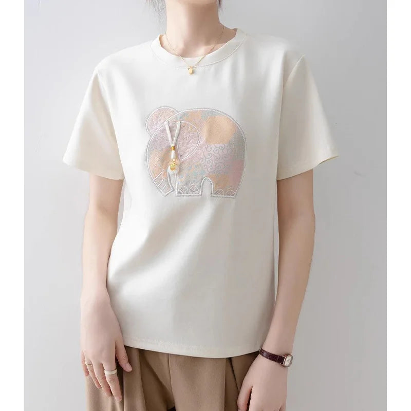 Women Clothing Fashion Cartoon Embroidery Pure Cotton T-Shirt Summer Vintage Loose O-neck Elegant Short Sleeve Tops