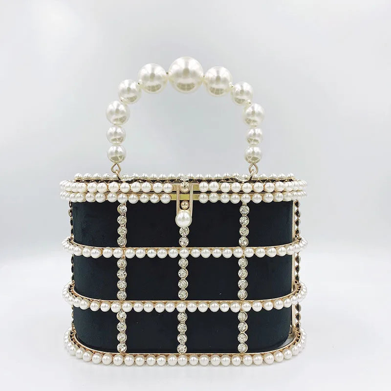 Metallic Evening Bag Pearl Hollow Out Womens Bags Luxury Design Rhinestone Diamond Dinner Bags For Party Wedding Handbags