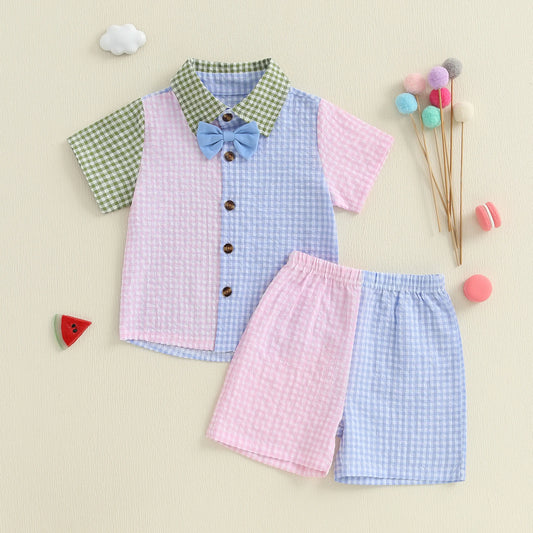 Lioraitiin Summer Toddler Baby Kids Boys Shorts Set Plaid Contrast Color Short Sleeve Shirt with Elastic Waist Shorts Set Outfit