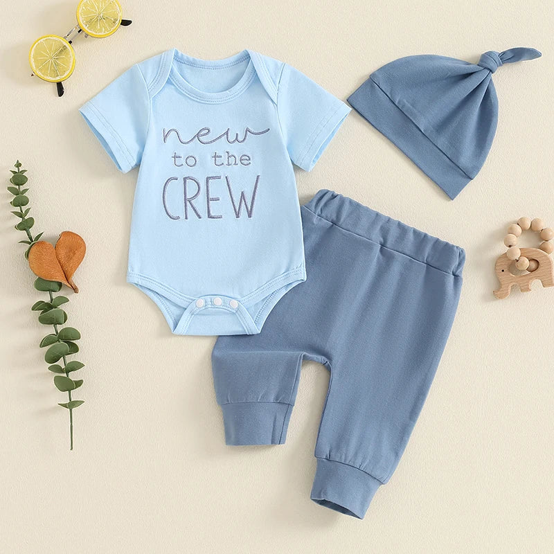2024-05-05 Lioraitiin Baby Boy Summer Outfit Letter Embroidery Short Sleeve Romper with Solid Color Pants and Hat 3Pcs Set