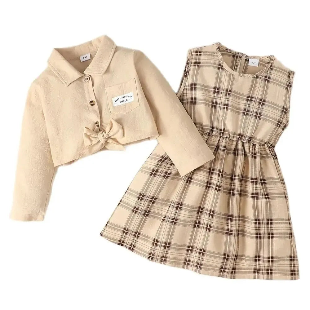 1-6Years Kids Baby Girl Clothes Set Long Sleeve Shirt Top+Plaid Sleeveless Dress Spring&Autumn Lovely Daily Party 2PCS Outfit