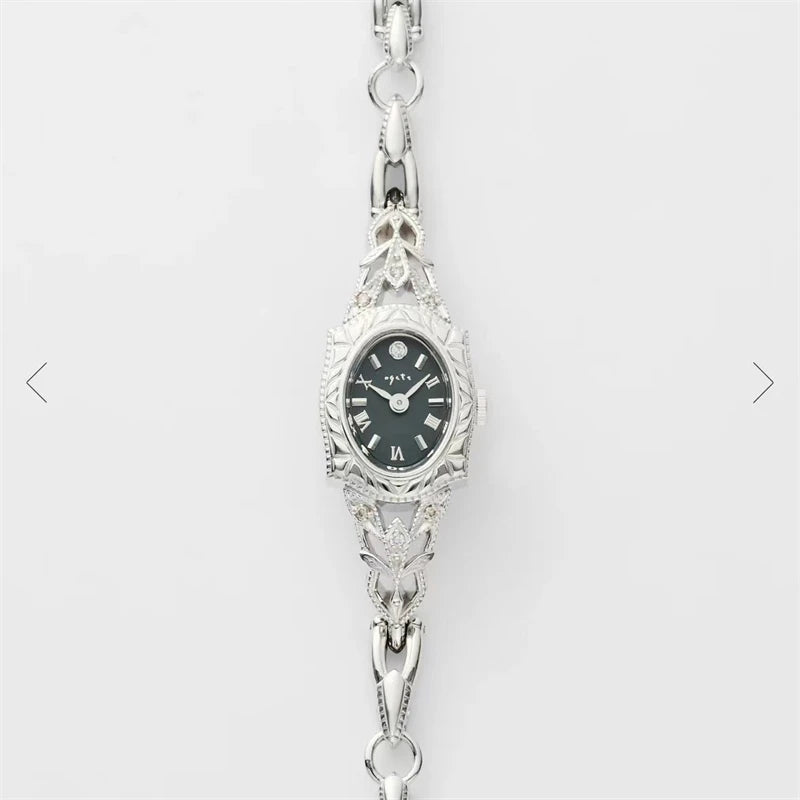 Medieval Vintage Women Watch Japanese Quartz Oval Carving Bracelet 18K Brass Fine Watch for Women