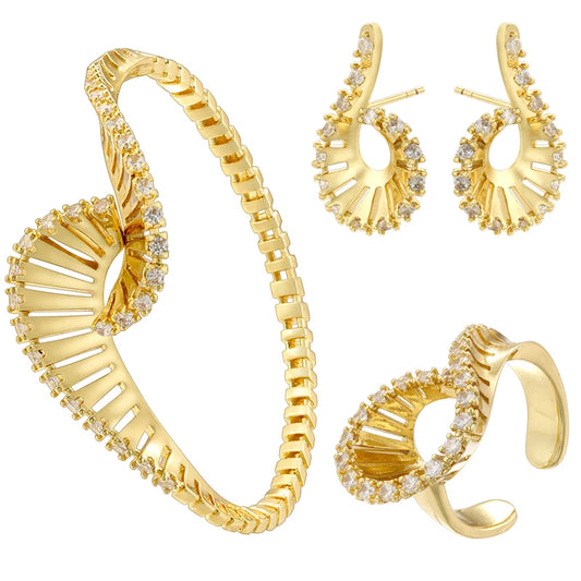 ZHUKOU 18K Golden Plated Brass Bracelet With Zirconia Earrings And Ring Collection Style Ladies Luxury Jewellery: VE1349