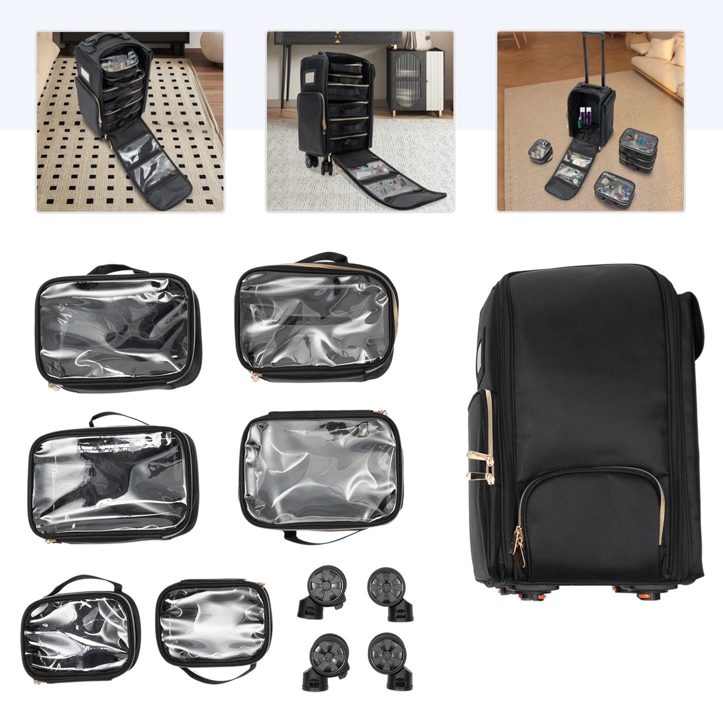 Rolling Makeup Train Case Cosmetic Storage Organizer with 6 Removable Cosmetic Bags Rolling Trolley Cosmetic Case for Makeup
