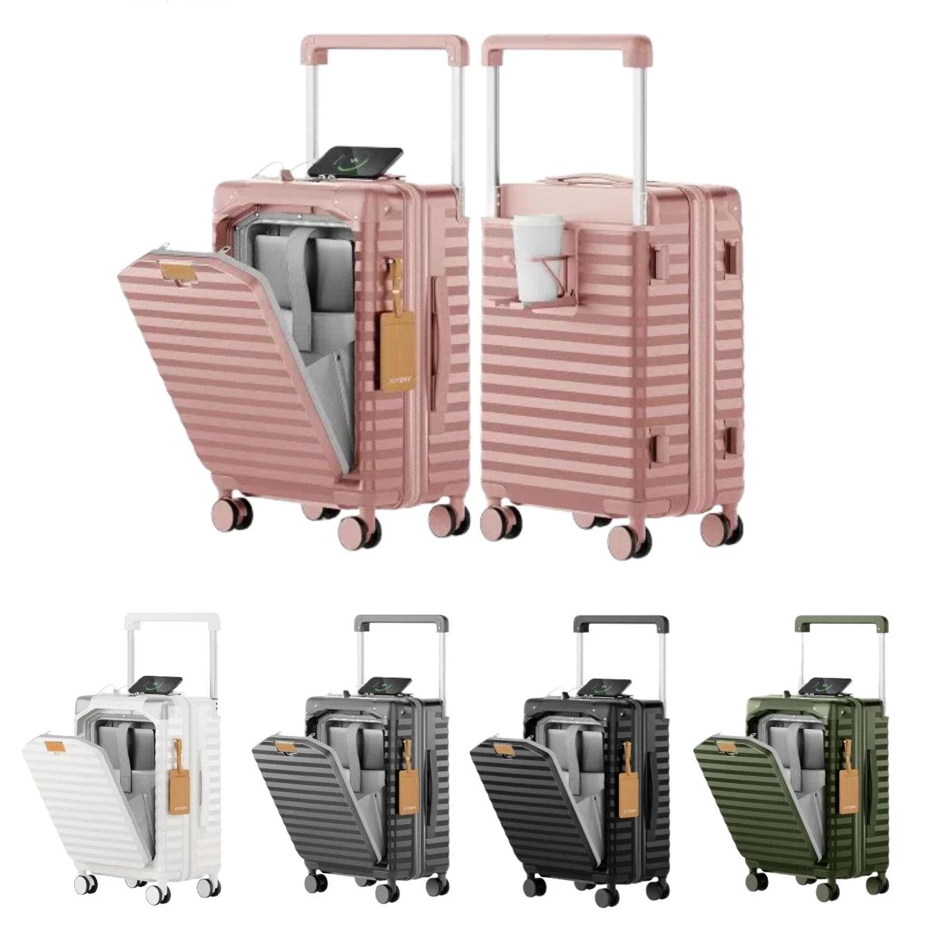 Joyway 20 inch Front Opening Carry on Luggage Suitcase 1 Piece, Cup Holder, TSA Lock, Mute Spinner Wheels, Lightweight Durable