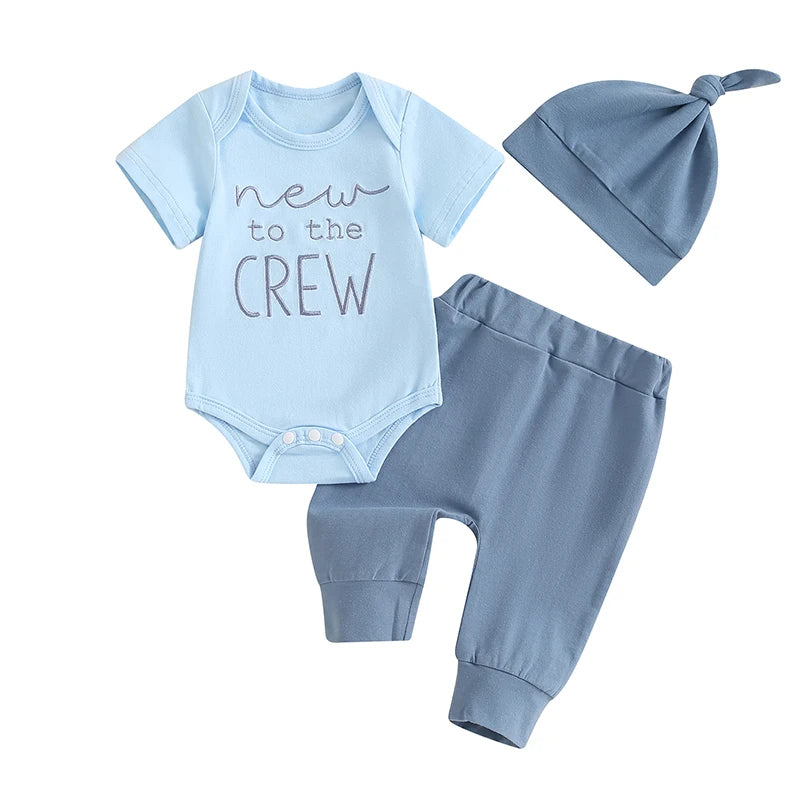 2024-05-05 Lioraitiin Baby Boy Summer Outfit Letter Embroidery Short Sleeve Romper with Solid Color Pants and Hat 3Pcs Set