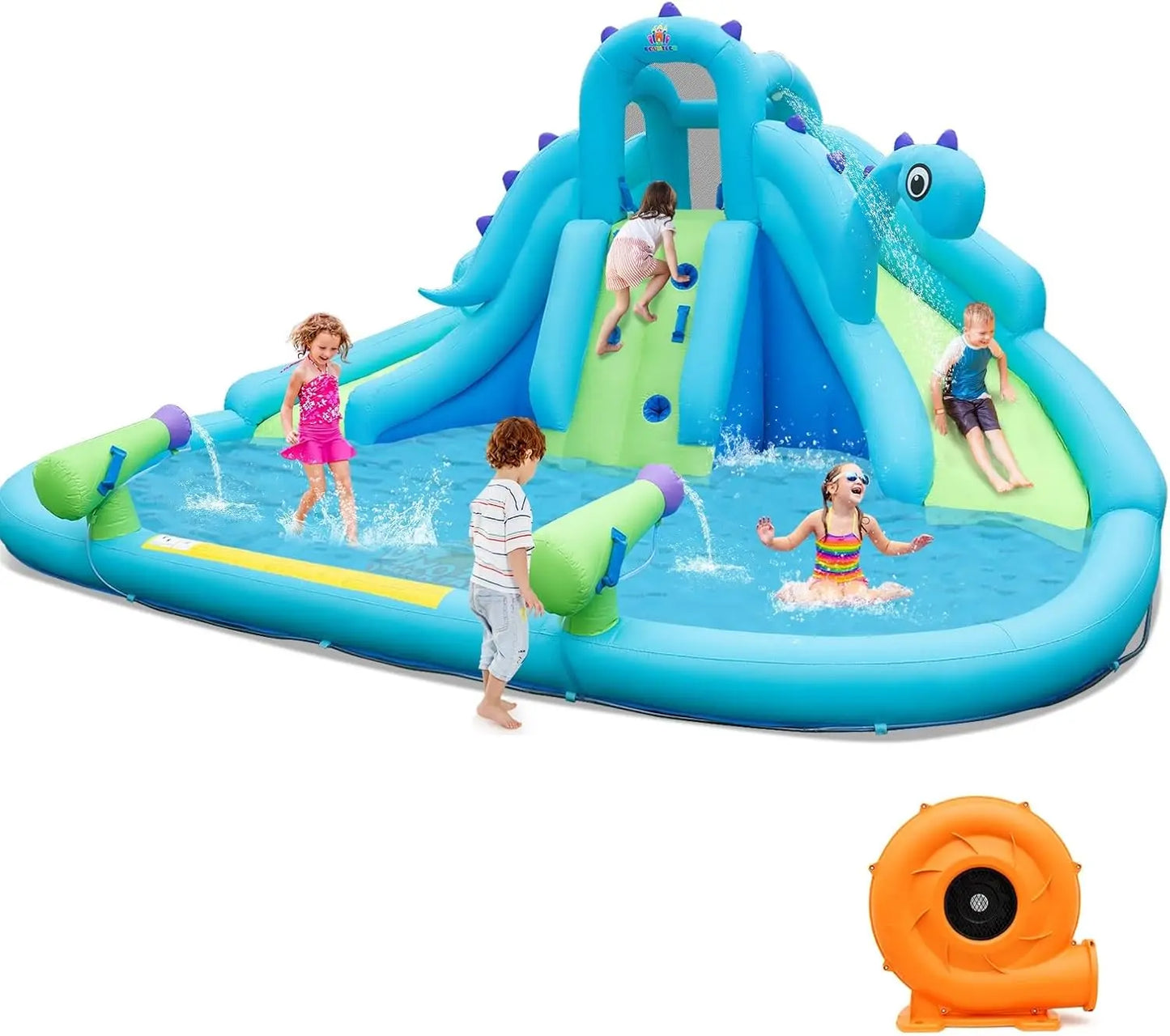 Inflatable Water Slide with Dinosaur, Double Slides Kids Mega Waterslide Park Heavy Climbing Wall for Outdoor Racing, Blow up Wa