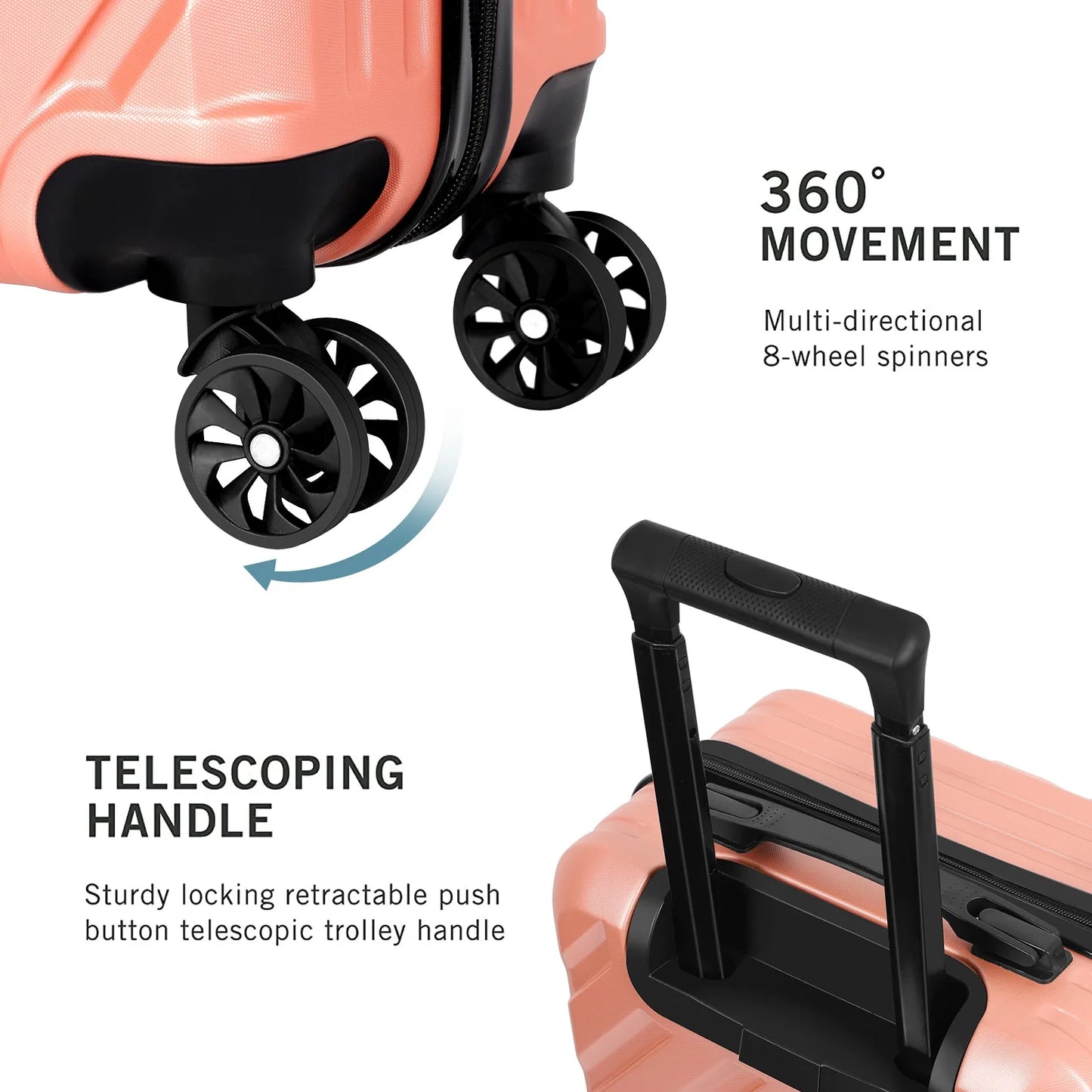The "lockable luggage" suitcase with 20 handles can be used for travel and features a universal roller design for easy mobility