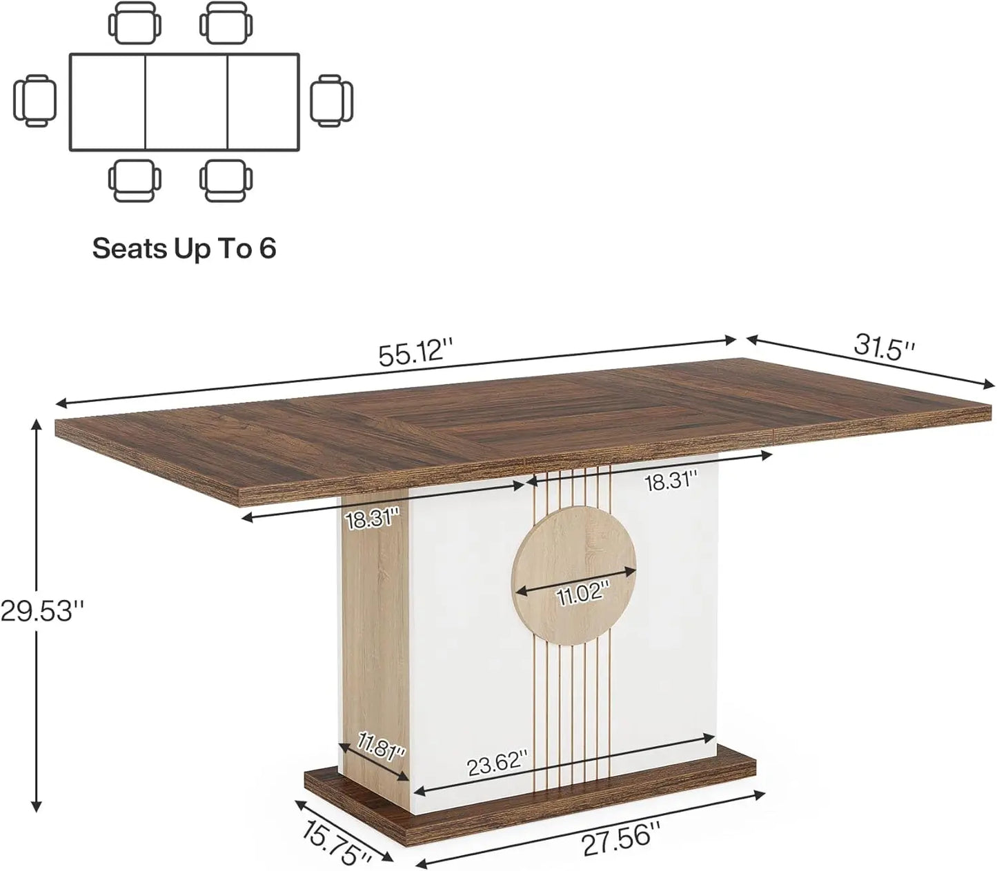 55" Rectangular Dining Table for 4 to 6 People, Farmhouse Wood Dinner Table for Kitchen, Dining Room & Living Room, Oak Brown