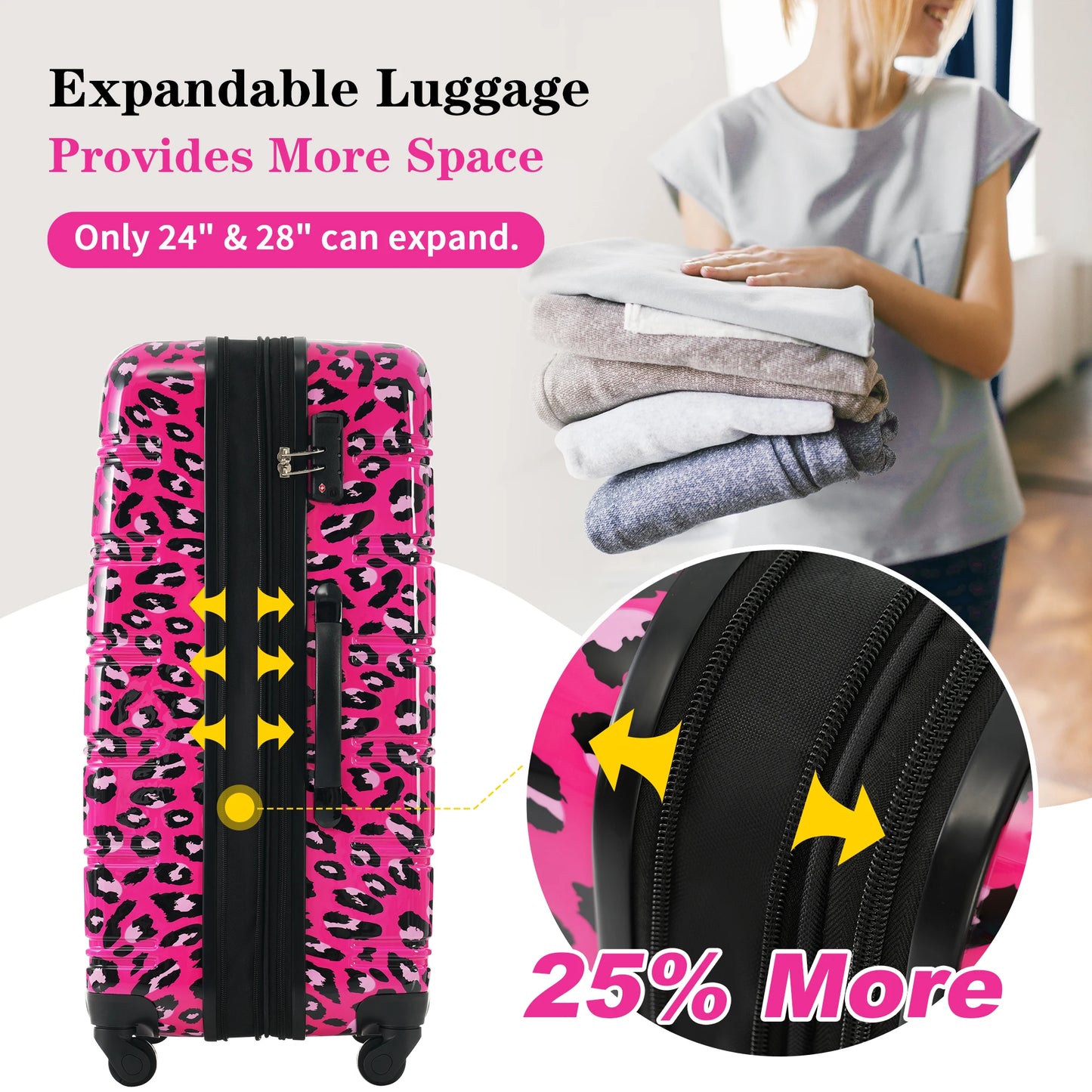 Hardshell Luggage Sets 3 pcs Spinner Suitcase with TSA Lock Leopard Lightweight -20"+24"+28" Luggages