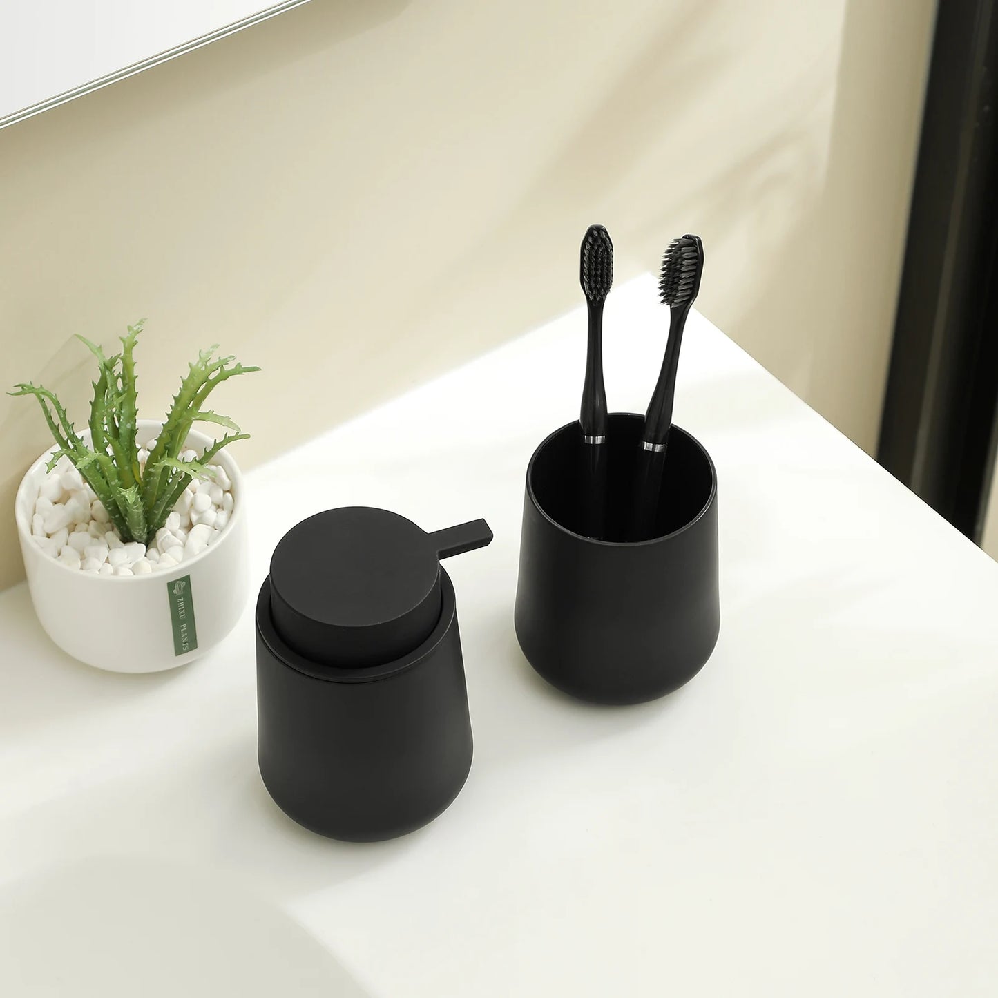 Bathroom Accessory Set - 2-Piece Soap Dispenser and Cup for Bathroom Vanity Decor in Matte Black