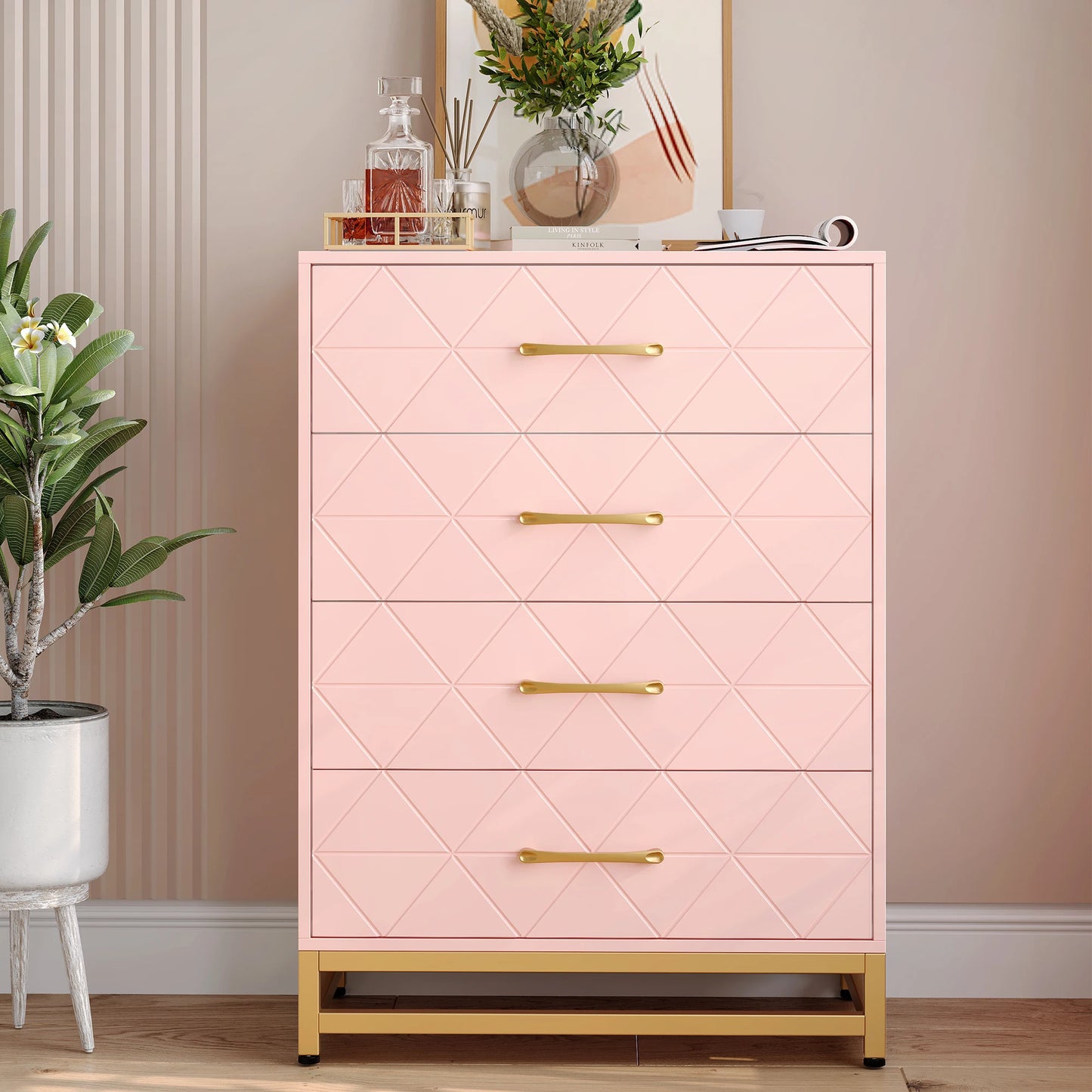 4 Drawer Dresser for Bedroom, Wood Dresser Chest of Drawers with Wide Drawers and Gold Handles, Storage Organizer Unit